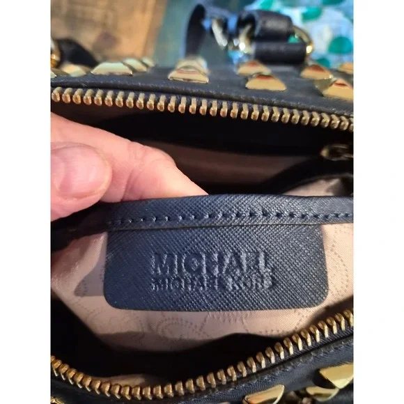 Michael Kors Grayson Navy Saffiano Leather Studded Satchel Bag and Wallet Set - Picture 10 of 10